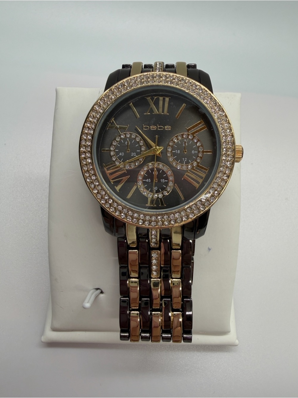 bebe Women's Two-Tone Crystal Accent Bracelet Watch - Black and Gold